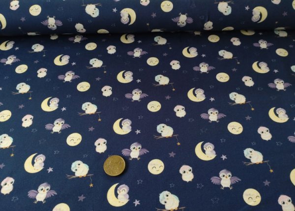 Moonlight dunkelblau Baumwolljersey von Hilco Kinderstoff mit Eulen, Mond, Sterne